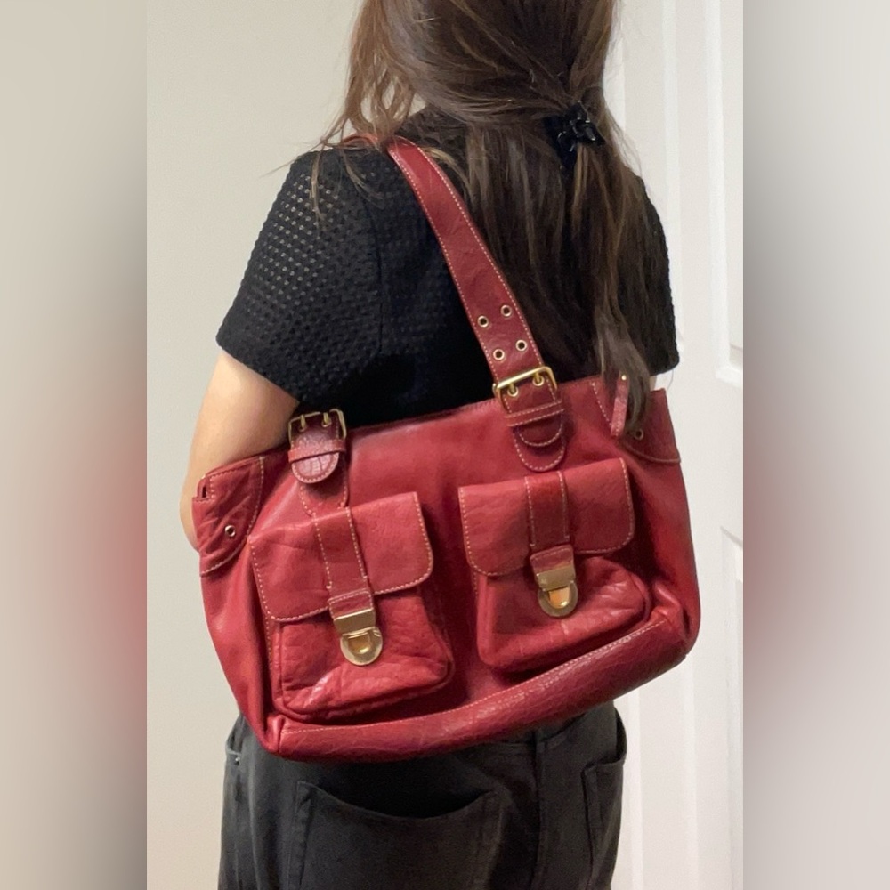 SOLD: The Sak red leather shoulder bag with gold hardware